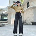 デニムパンツ キッズ 女の子 子供服 ジュニア 春秋 ゆったり リラックスフィット ストレート ロング丈 ウエストゴム カジュアル 韓国ファッション ブルー