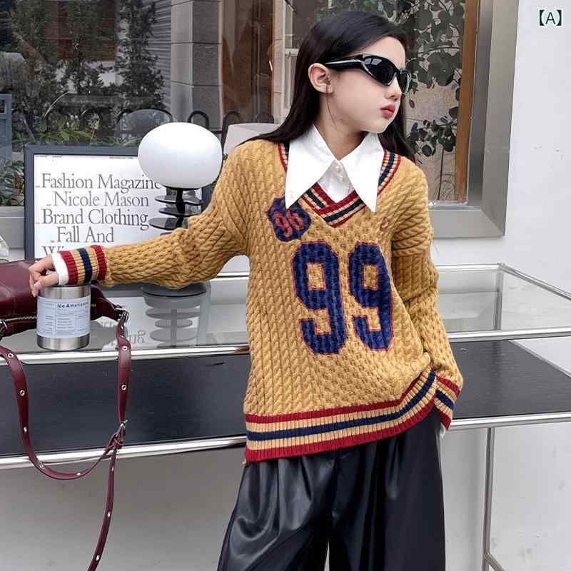 子供服 女の子 韓国 フェイクツーピース シャツ襟 ニットセーター ワイドレッグ 長丈 レザーボトムス 上下セットアップ 秋冬 カジュアル 普段着