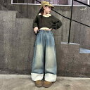 デニムパンツ 女児 キッズ 小中学生 女の子 秋冬 厚手 裏起毛 裏ボア 暖かい ワイド ストレート ロールアップ 裾折り返し カジュアル ロング丈 ブルー 防...