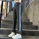 デニムパンツ 女の子 ロールアップ ストレート ハイウエスト 低身長向け 配切り替え スリム テーパード レトロ ヴィンテージ風 ウエストゴム 春秋 カジュアル...