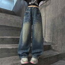 デニムパンツ ジュニア 女の子 秋物 新作 韓国 ゆったり ルーズ ダメージ加工 ストレート ロング丈 ハイウエスト ウエストゴム カジュアル ストリート系 ブ...