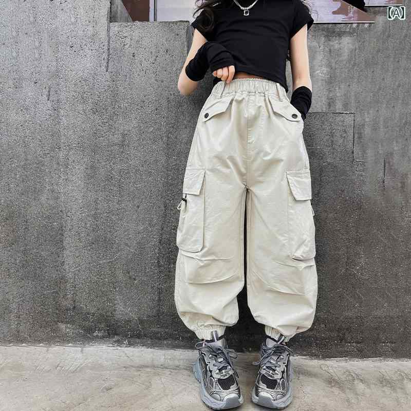キッズ 女の子 ジュニア ワークパンツ 春秋 ジャズダンス ストリートダンス ゆったり ロング丈 ハイウエスト ウエストゴム 無地 ソフトタッチ 綿混 ポリエステル オフホワイト ブラック ブラウン