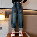 デニムパンツ 女の子 キッズ ジュニア バギーパンツ ワイドパンツ 裏起毛 厚手 ゆったり ルーズ 秋冬 カジュアル 普段使い 通学 おしゃれ かわいい ブルー ソフト ウエストゴム ロングパンツ
