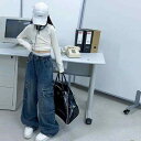 デニム ワイドパンツ 女の子 ガールズ ジュニア カーゴパンツ ゆったり ルーズ ハイウエスト ウエストゴム ロングパンツ おしゃれ トレンディ 春秋