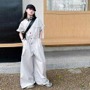 女の子 キッズ ジュニア 連体パンツ 韓国ファッション ゆったり ワイドレッグ サロペット ウエストゴム 脚長効果 ハイウエスト ワークテイスト コットンブレン...