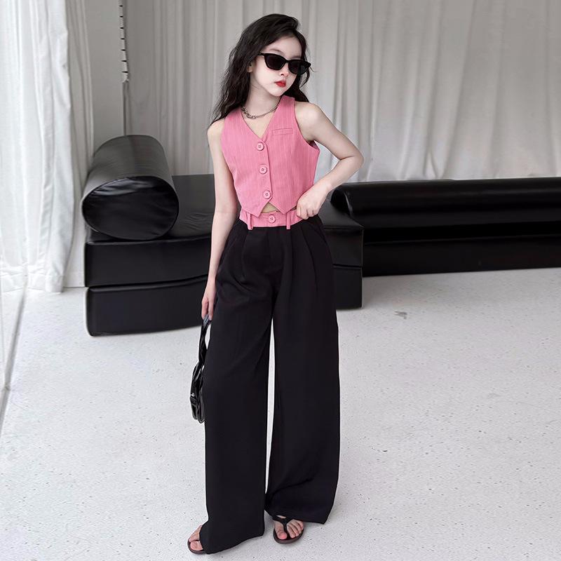 キッズ 女の子 ジュニア ベスト ノースリーブ ワイド ロングパンツ セットアップ 2点セット 夏 薄手 綿混 アセテート繊維 トレンド カジュアル 普段使い