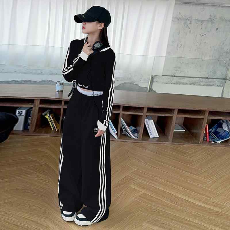 キッズ 女の子 ガールズ ダンスウェア セットアップ 長袖 パンツ ジャズ ヒップホップ ストリート 衣装 発表会 ステージ スポーツウェア 秋 コットン混紡 アセテート繊維 無地 ストライプ カジュアル