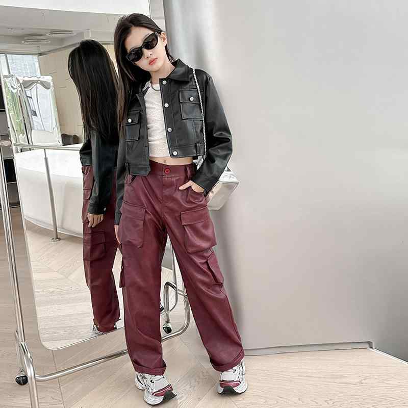 セットアップ 女の子 ジュニア ガールズ 春秋 ショート丈 PUレザー ジャケット ロングパンツ 2点セット ストリート カジュアル クール 上下セット ツーピース