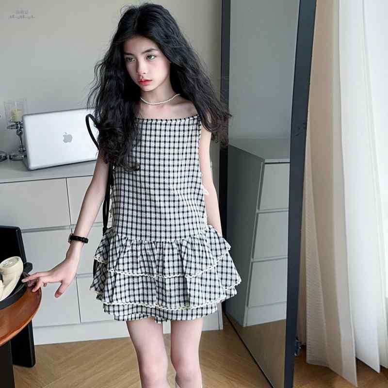 キッズ 女の子 夏服 セットアップ アメリカンカジュアル レトロ 塩系 チェック柄 キャミソール ノース..