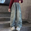 デニムパンツ 女の子 裏起毛 厚手 暖か カーゴパンツ ワイドシルエット ゆったり ビッグポケット ストリート カジュアル ブルー 冬 ジュニア キッズ ボトム...