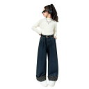 デニムパンツ 女の子 キッズ ジュニア 秋冬 裏起毛 暖か ヒョウ柄 レトロ ダークブルー ワイドストレートパンツ ロールアップ フルレングス ゆったり カジュ...