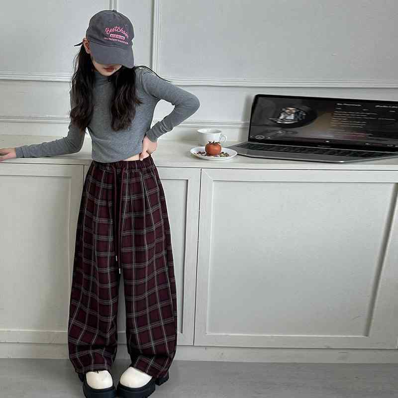 パンツ キッズ 女の子 ドローストリング レトロ チェック柄 ワイドストレートパンツ ハイウエスト ゆっ..