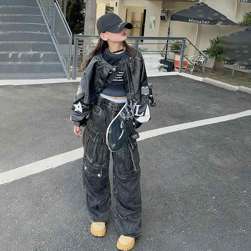 子供服 女の子 フェイクレザー ジャケット デニムパンツ セットアップ 春秋 ブラック おしゃれ トレンド カジュアル 普段使い お出かけ 長袖 ロング丈