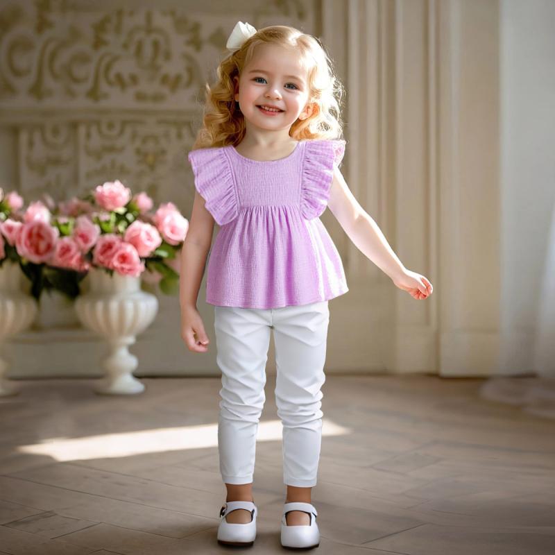 Tシャツ 女の子 ベビー ドールブラウス風 かわいい フリル袖 プルオーバー 綿 無地 ラウンドネック 吸..