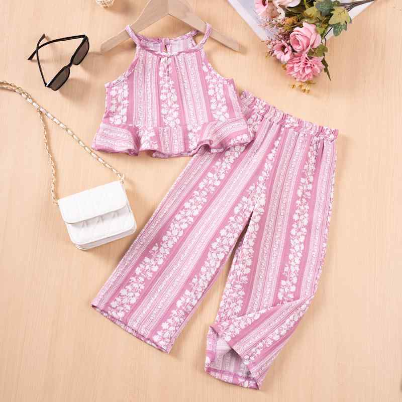 キッズ 女の子 セットアップ ノースリーブ フリル キャミソール ロング ストレートパンツ ストライプ 花柄 かわいい 薄手 ポリエステル 春夏