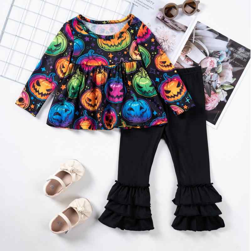 キッズ ガールズ セットアップ ハロウィン カボチャ柄 ラウンドネック 長袖 トップス 裾フリル ロングパンツ ポリエステル 黒 春秋 ツーピース イベント パーティー カジュアル