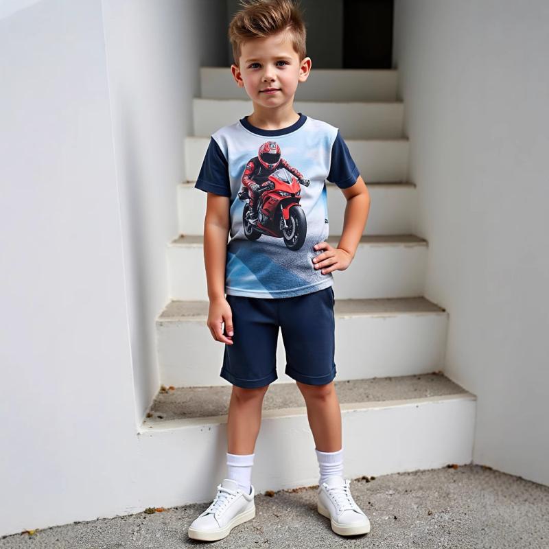 キッズ 男の子 半袖 ショートパンツ 上下セット カートゥーン キャラクター バイク柄 プリント カジュ..