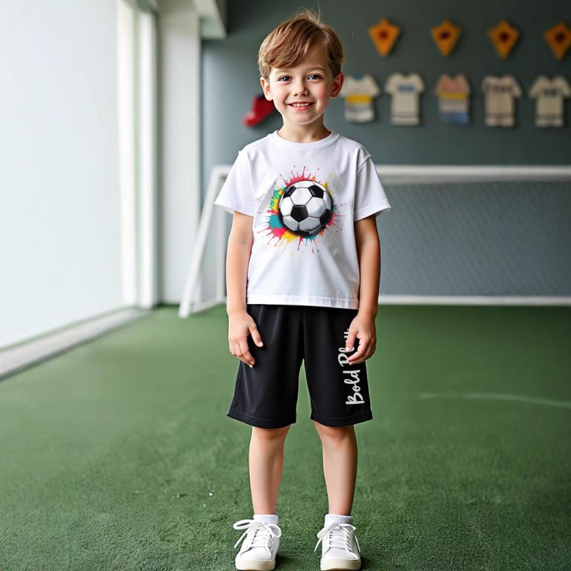 キッズ 男の子 半袖 Tシャツ ショートパンツ 上下セット サッカーボール柄 カートゥーンデザイン ホワ..