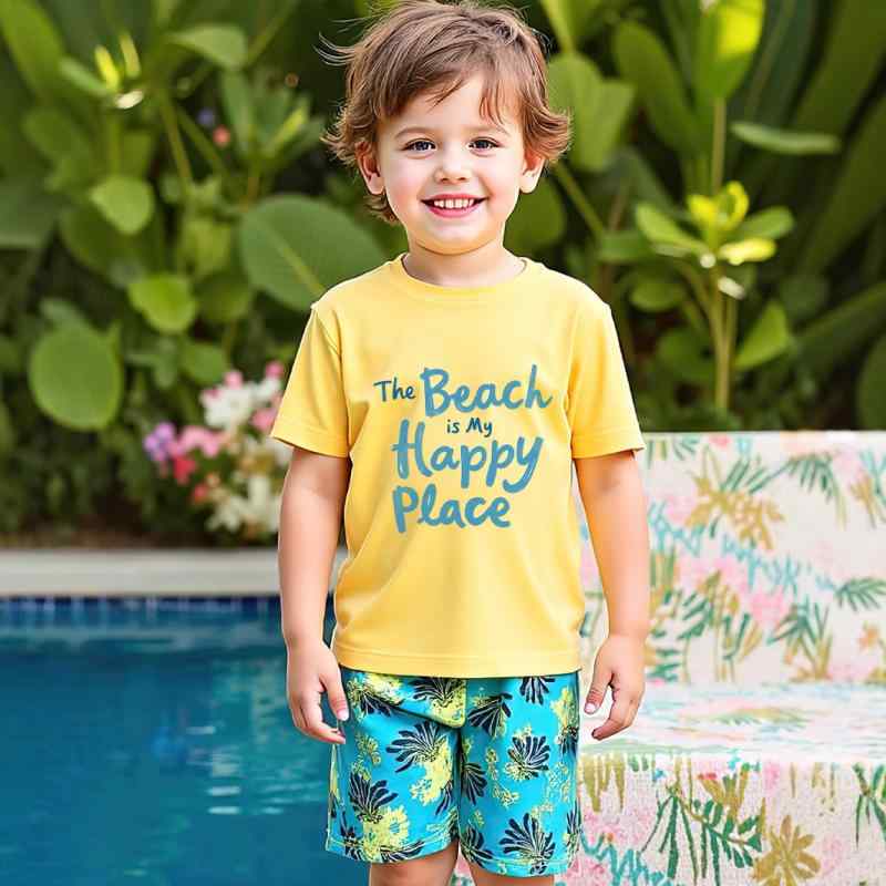 楽天おうち健康生活子供服 男の子 男児 春夏 半袖Tシャツ ショートパンツ 上下セット 黄 キャラクタープリント レタープリント カジュアル ポリエステル 普段使い 通園 通学