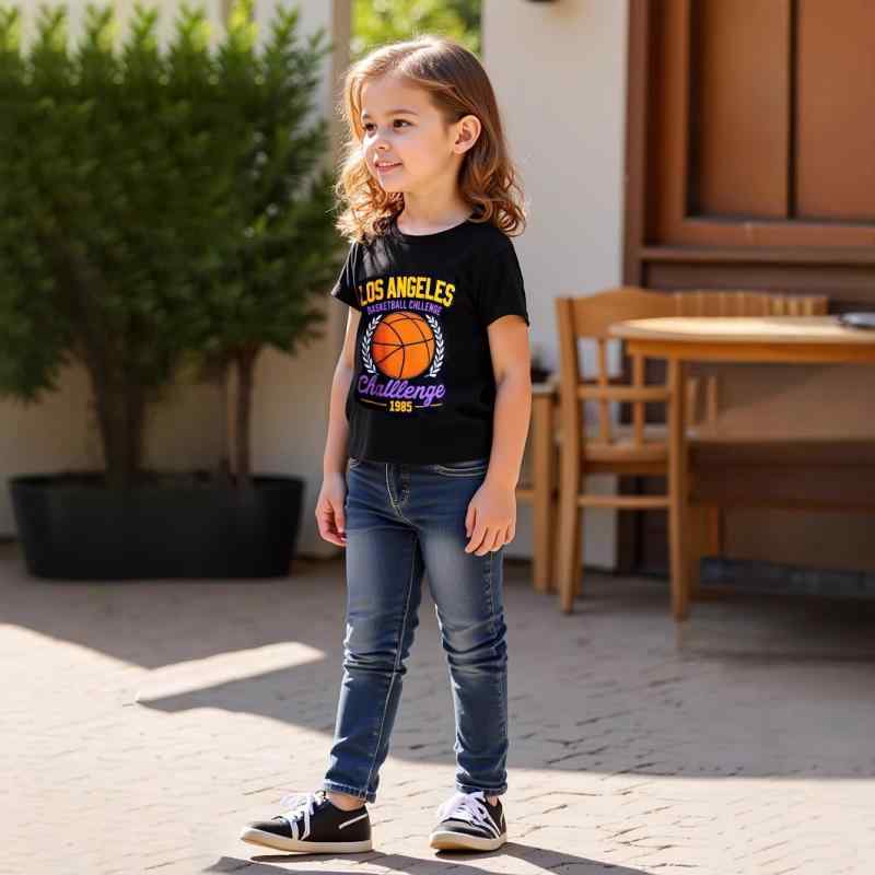 セットアップ 女の子 キッズ 半袖 カートゥーン柄 黒 ブラック デニムパンツ 上下セット 夏物 カジュアル 普段着 小学生向け リラックスウェア ポリエステル 柔らか素材