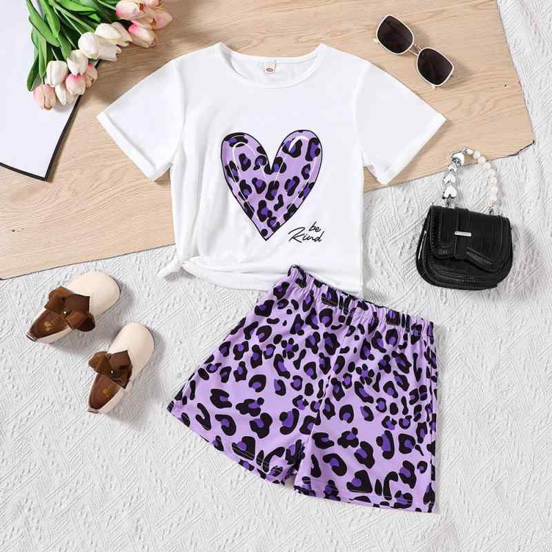 キッズ 女の子 夏物 半袖 Tシャツ スカート セットアップ ハート柄 ポリエステル素材 カジュアル 普段..