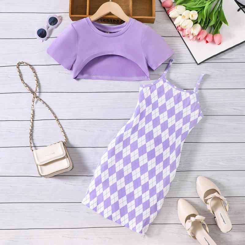 セットアップ キッズ 女の子 夏 菱形柄 ショート丈トップス サロペットスカート ポリエステル カジュアル パープル