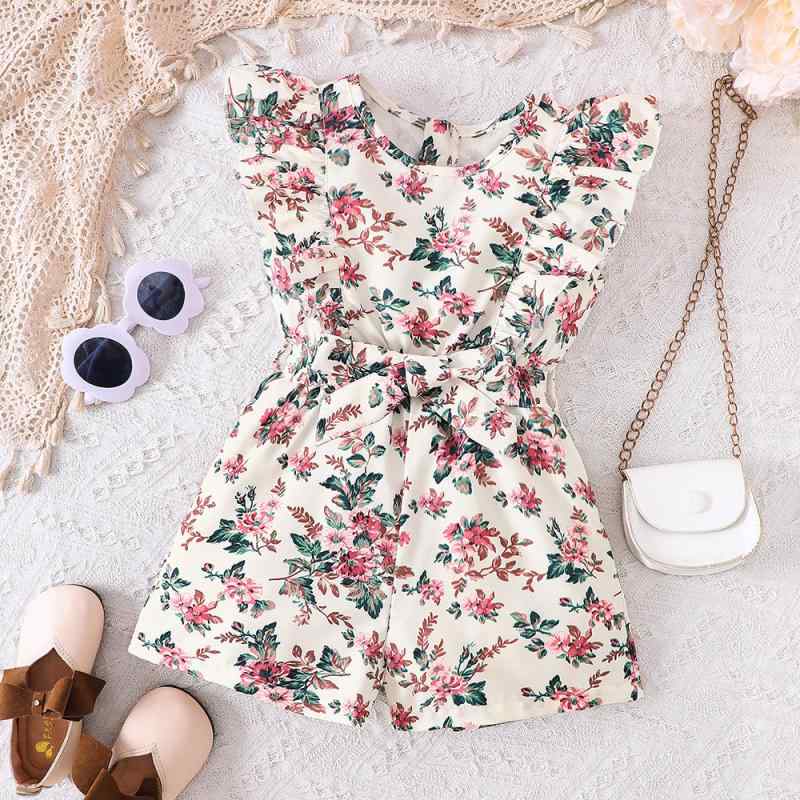 ロンパース キッズ 女の子 夏物 フリル袖 半袖 ショート丈 総柄 プリント ポリエステル アプリコット ..