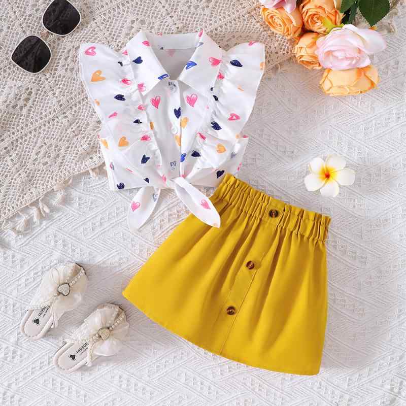 キッズ 女の子 春夏 イエロー ハート柄 ブラウス スカート セットアップ スイートスタイル ガーリー ポリエステル お出かけ 普段使い