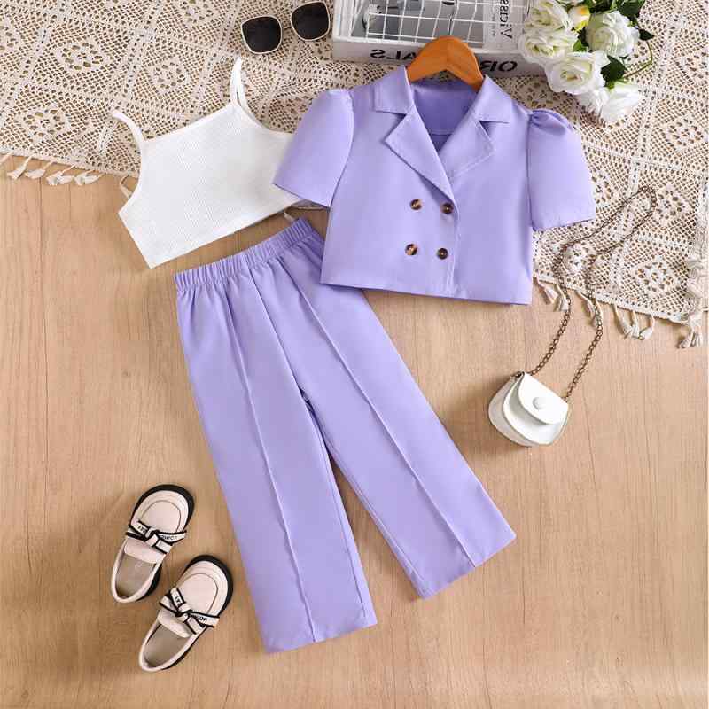 セットアップ キッズ 女の子 春夏 キャミソール ジャケット ロングパンツ 3点セット ポリエステル パープル カジュアル 普段使い お出かけ