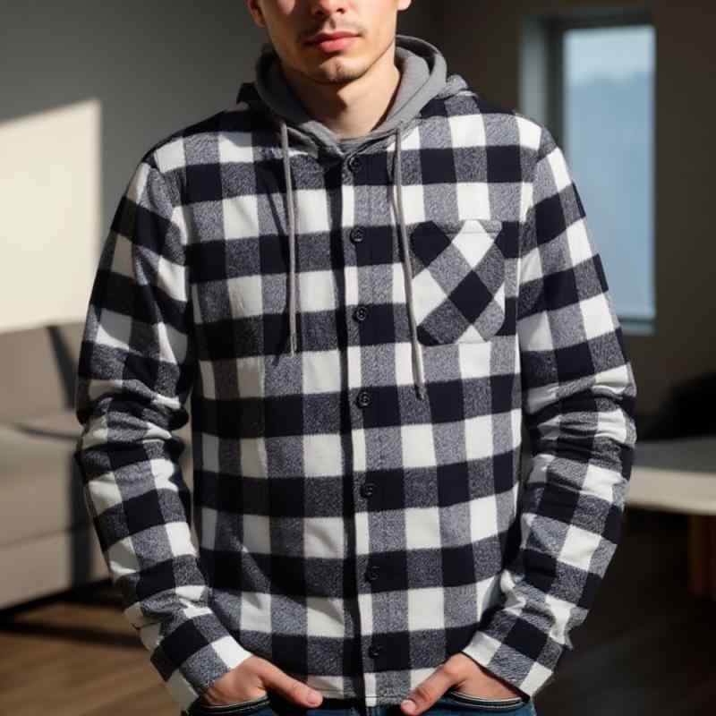 ジャケット メンズ 秋冬 フード付き シングルブレスト 起毛 チェック柄 ポリエステル 長袖 レギュラーフィット ベーシック カジュアル 普段使い 黒白