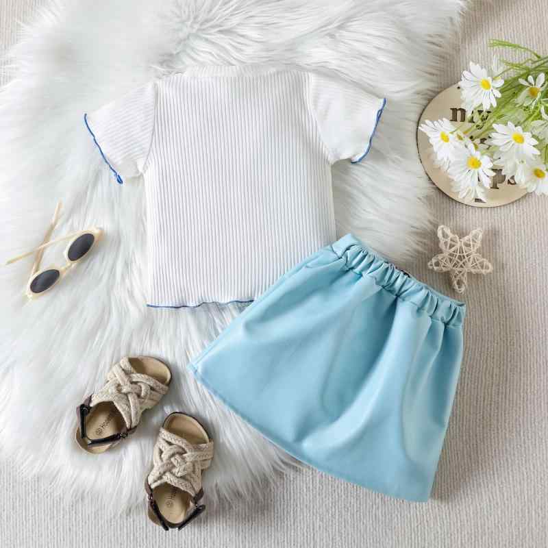 キッズ 女の子 夏物 半袖 リブニット プリント トップス フェイクレザー PUスカート 2点セット 薄手 綿..