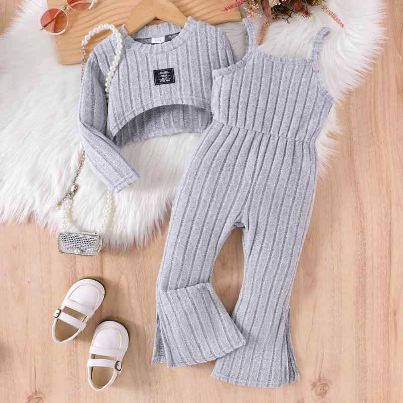 キッズ 女の子 リブ 長袖 トップス サロペット ロングパンツ 綿 コットン 2点セット セットアップ カジュアル 秋冬 グレー