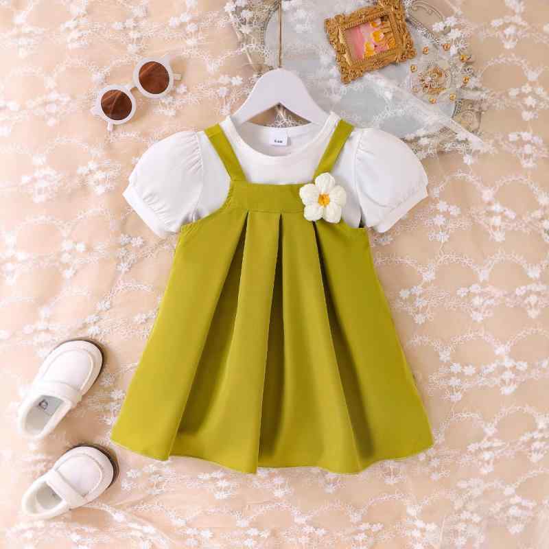 キッズ 女の子 セットアップ 春夏 韓国 ツーピース パフスリーブ ショートスリーブ トップス 花柄 無地 サロペットスカート ジャンパースカート 綿 グリーン 普段使い お出かけ着