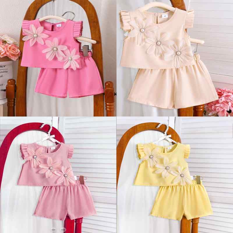キッズ 女の子 セットアップ フリル袖トップス ショートパンツ 2点セット 無地 花柄 フラワーモチーフ 綿 コットン 春夏 普段使い カジュアル