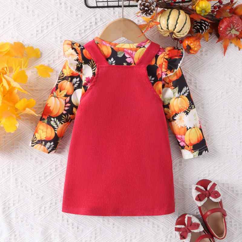 セットアップ キッズ 女の子 ハロウィン カボチャ柄 パンプキン柄 プリント 長袖 コーデュロイ ジャンパースカート サロペットスカート 2点セット ツーピース 秋冬 レッド 赤 綿 コットン イベント 衣装 仮装