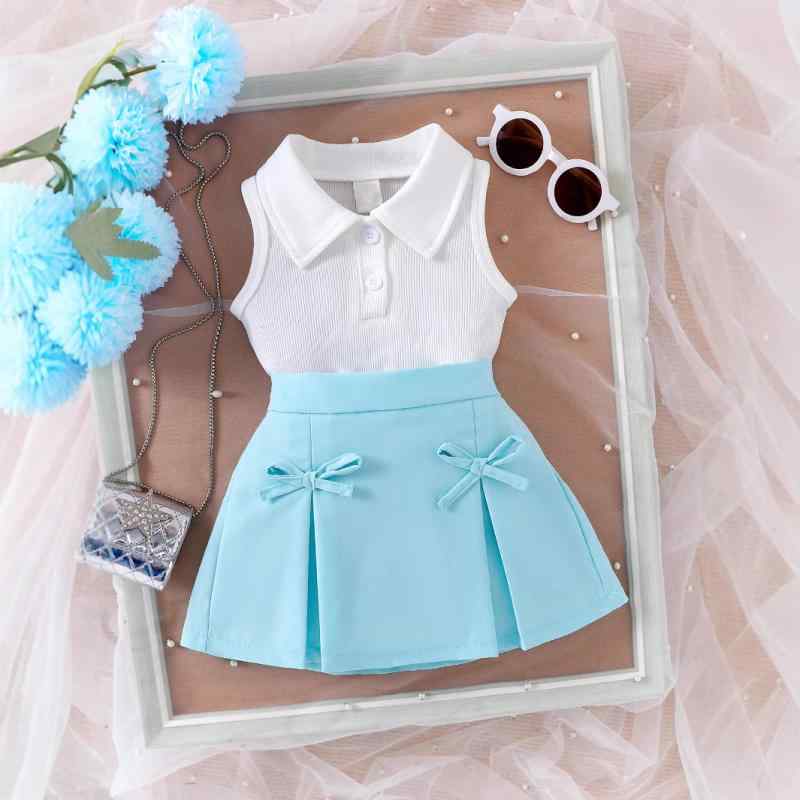 キッズ 女の子 セットアップ 春夏 カジュアル コットン ノースリーブ 襟付き トップス リボン ショートスカート ミニスカート 2点セット 普段着 ライトブルー 欧米風 柔らかな肌触り