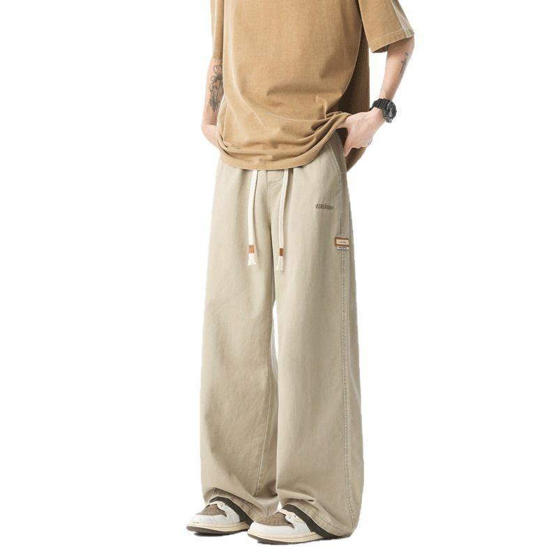 パンツ メンズ 綿100％ ストレート ロング丈 ルーズフィット カジュアル ボトムス 普段使い 部屋着 しわ防止加工 微ストレッチ ミドルウエスト 春夏 ブラック カーキ グリーン