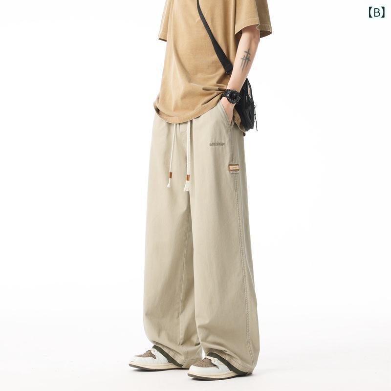 パンツ メンズ 綿100％ ストレート ロング丈 ルーズフィット カジュアル ボトムス 普段使い 部屋着 しわ防止加工 微ストレッチ ミドルウエスト 春夏 ブラック カーキ グリーン