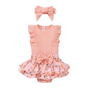キッズ 女児 ベビー服 コットン リブ編み フリル袖 トップス 花柄スカート スリーピース セットアップ 柔らか素材 春夏 欧米風 普段着 お出かけ 4色展開