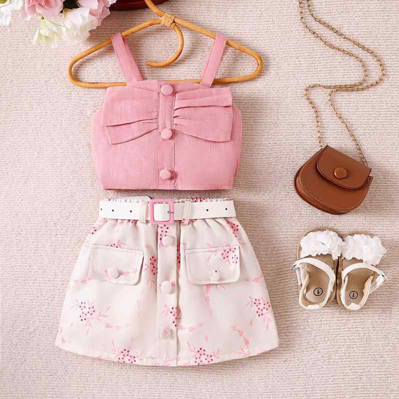 キッズ 女の子 セットアップ スカートセット スウィート ガーリー 春夏 キャミソール プリント ショートスカート ベルト 3点セット 綿 コットン ピンク 薄手 普段使い お出かけ