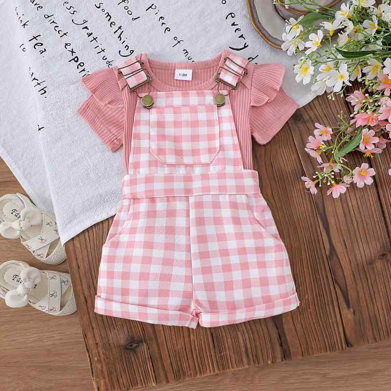 ベビーウェア 女の子 春夏 セットアップ 上下セット ロンパース カバーオール トップス チェック柄 オーバーオール サロペット ショートオール フリルスリーブ かわいい 柔らかい 薄手 綿 ピンク カジュアル