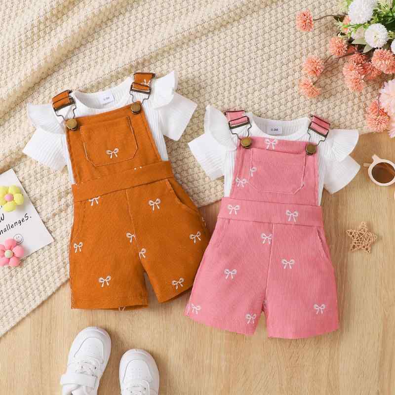 ベビー服 女の子 春夏 リブコットン 柔らか 半袖 ロンパース プリント サロペット ショートパンツ 2点セット 普段使い カジュアル