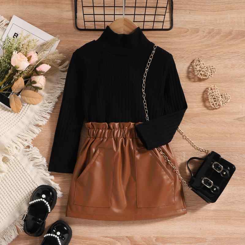 キッズ 女の子 秋冬 欧米風 カジュアル 長袖 ハイネック トップス フェイクレザー スカート 帽子 3点セット 綿 コットン ブラック 無地 普段使い お出かけ