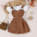 パンツ セットアップ キッズ 女の子 春夏 欧米風 ラウンドネック 半袖 フリル袖 トップス ハート デザイン 無地 サロペット ショートパンツ 綿 コットン 柔らか素材 2点セット