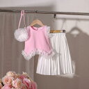 子供服 女の子 春夏 ノースリーブ トップス 無地 レース かわいい プリーツ ロングパンツ コットンブレンド 薄手 快適 三点セット ミニショルダーバッグ付き...