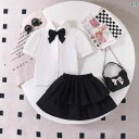 キッズ 女の子 セットアップ 欧米風 春夏 無地 長袖 ランタンスリーブ ブラウス ティアードスカート 綿素材 ソフト ブラック カジュアル フォーマル