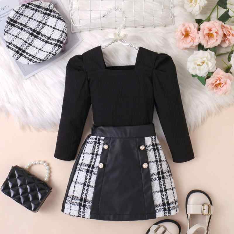 キッズ 女の子 セットアップ スクエアネック 長袖 PUレザー 切り替え チェック柄 ショートスカート 帽子 3点セット 秋冬 ホワイト ブラック 普段使い カジュアル