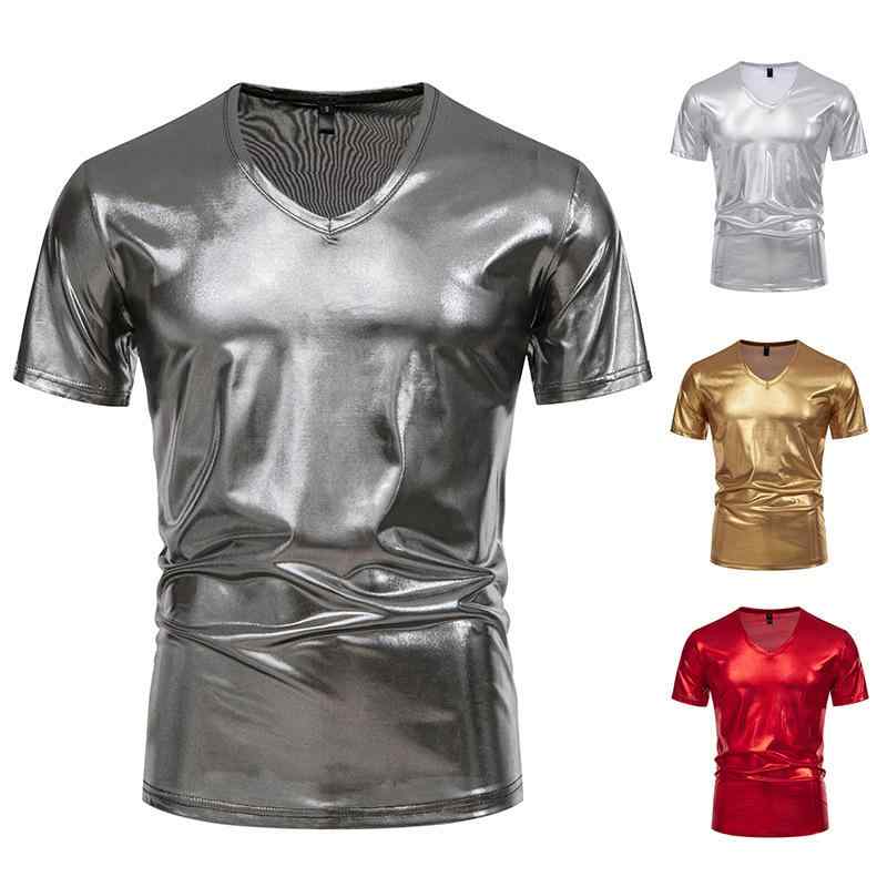 V-Neck - Tシャツ メンズ 男性 Vネック 半袖 カジュアル 光沢 ホットスタンプ ディスコ風 ポリエステル 接触冷感 スポーツ 普段使い 夏 レッド グレー ゴールド シルバー