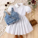 ワンピース 女の子 キッズ 子供服 夏 デニム ジャンパードレス プリンセス かわいい パフスリーブ 半袖 綿 コットン ホワイト 柔らかな肌触り カジュアル お出かけ