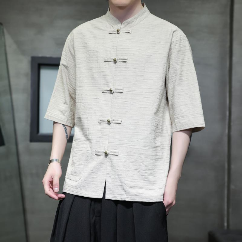 シャツ メンズ 中国風 チャイナ風 綿麻 五分袖 銅ボタン スタンドカラー 提花織り 薄手 無地 ルーズシ..